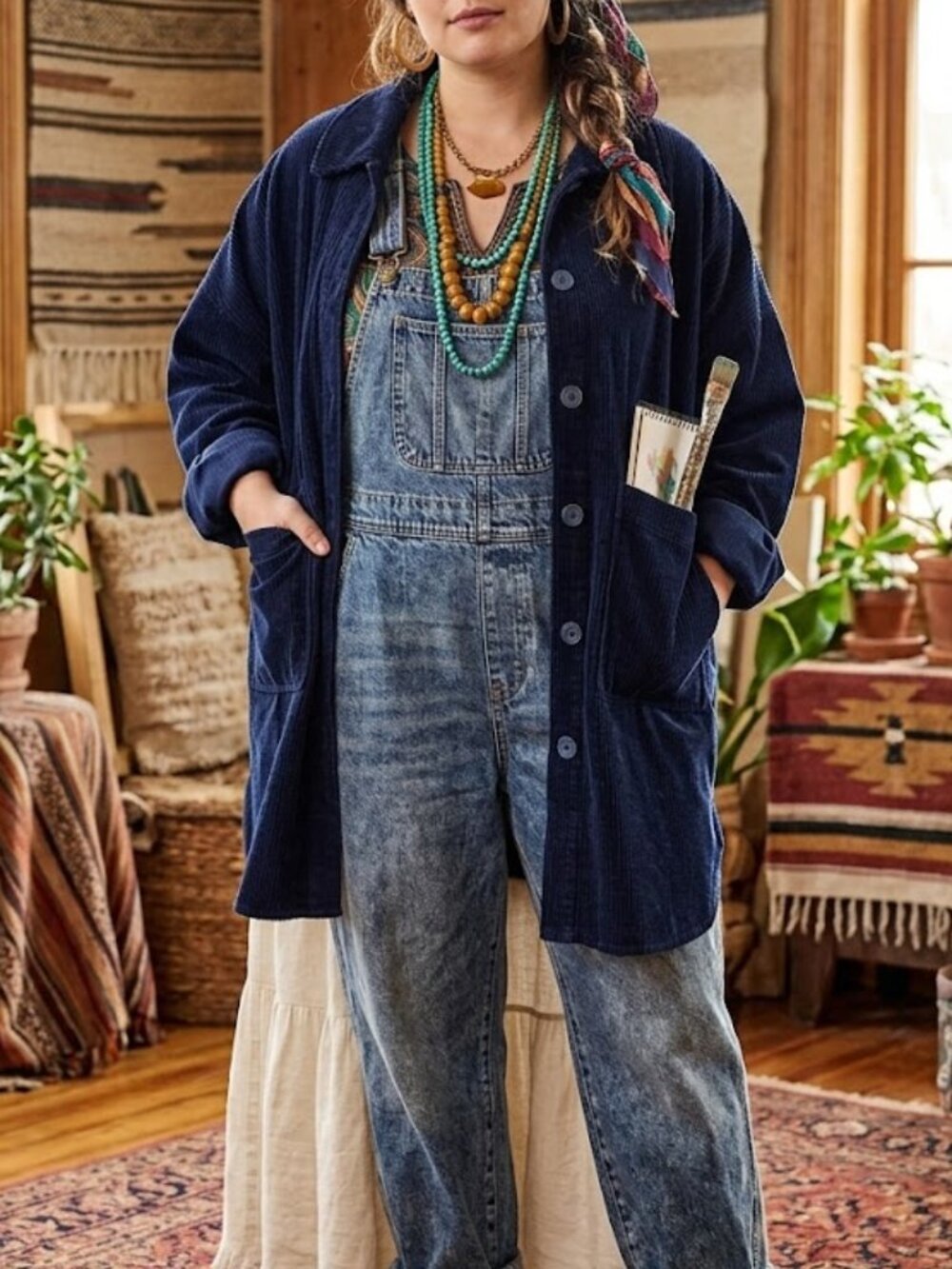 Ellie Mae Navy Wide Wale Corduroy Chore Coat Oversized Duster M